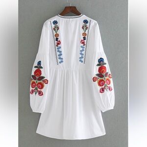 Embroidered Long Sleeve White Dress